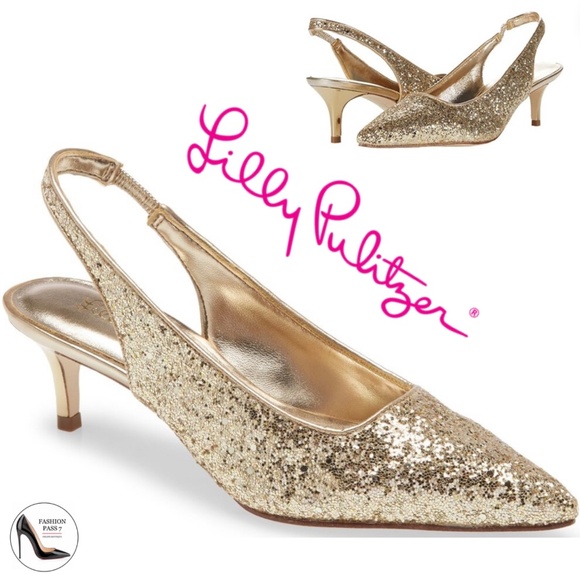 Lilly Pulitzer Shaina Slingback Gold Glitter Pump Pointed Toe Kitten Heel Shoe 8 - Picture 1 of 16